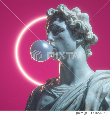 Marble statue blowing bubblegum with a glowing background in a playful art scene Marble statue blowing bubblegum with a glowing background in a playful art scene 131656938