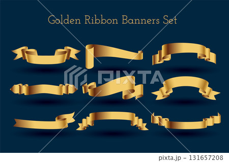 realistic and golden ribbon tape element banner in collection 131657208