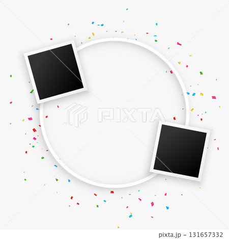 blank photograph display frame template with colorful confetti 131657332