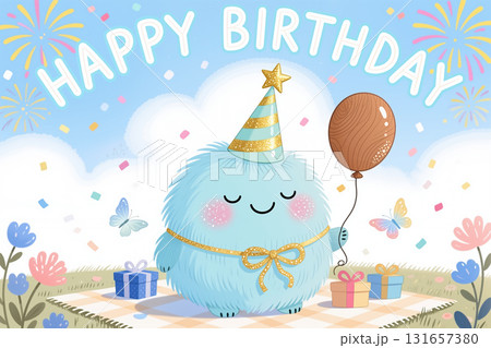 Adorable blue creature celebrating birthday with gifts and balloon. 131657380