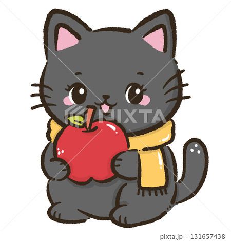 Black cat holding red apple cute farmhouse autumn harvest illustration kawaii cozy fall orchard animal art for cards stickers and seasonal decorations 131657438
