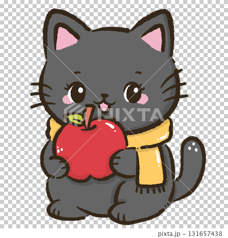 Black cat holding red apple cute farmhouse autumn harvest illustration kawaii cozy fall orchard animal art for cards stickers and seasonal decorations 131657438