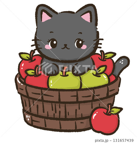 Black cat sitting in basket full of apples cute autumn harvest illustration kawaii farmhouse fall orchard animal art for cards stickers and seasonal decor 131657439