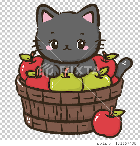Black cat sitting in basket full of apples cute autumn harvest illustration kawaii farmhouse fall orchard animal art for cards stickers and seasonal decor 131657439