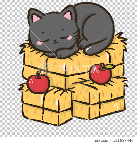 Black cat sleeping on hay bales with apples cute farmhouse autumn harvest illustration kawaii cozy fall orchard animal art for cards stickers and seasonal decor 131657440