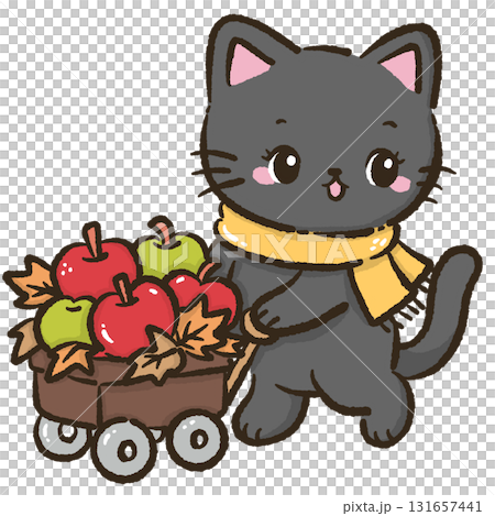 Black cat pulling wagon full of red and green apples cute farmhouse autumn harvest illustration kawaii cozy fall orchard theme for cards stickers and seasonal decor 131657441