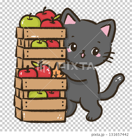 Black cat stacking wooden crates full of red and green apples cute autumn harvest illustration kawaii farmhouse fall orchard theme for cards stickers and decor 131657442
