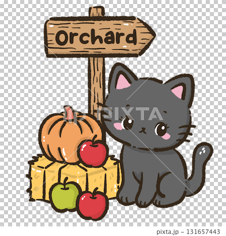 Black cat sitting beside orchard sign with pumpkin and apples cute autumn harvest illustration kawaii farmhouse fall orchard theme for cards stickers and decorations Black cat sitting beside orchard sign with pumpkin and apples cute autumn harvest illustration kawaii farmhouse fall orchard theme for cards stickers and decorations 131657443