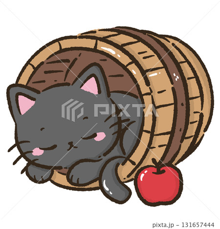 Black cat sleeping in wooden barrel with apple cute farmhouse autumn harvest cat illustration kawaii cozy fall orchard theme for cards stickers and decorations 131657444