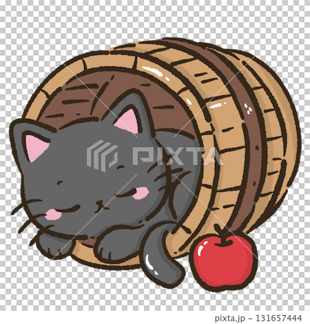 Black cat sleeping in wooden barrel with apple cute farmhouse autumn harvest cat illustration kawaii cozy fall orchard theme for cards stickers and decorations 131657444