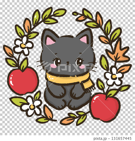 Black cat sitting in apple wreath with flowers and leaves cute autumn harvest illustration kawaii fall orchard theme for cards stickers and cozy seasonal decoration Black cat sitting in apple wreath with flowers and leaves cute autumn harvest illustration kawaii fall orchard theme for cards stickers and cozy seasonal decoration 131657445