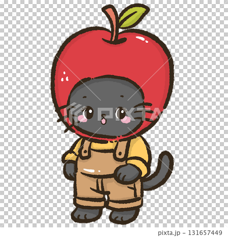 Black cat wearing apple head cute farmhouse autumn harvest cat illustration kawaii fall orchard animal art cozy apple costume theme for cards stickers and seasonal decor 131657449