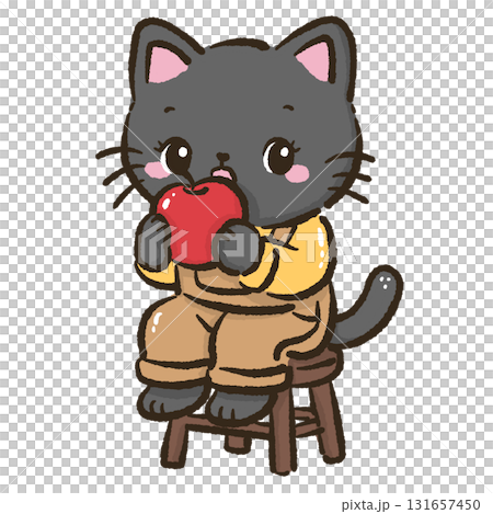 Black cat eating red apple cute farmhouse autumn harvest cat illustration kawaii fall orchard animal art cozy apple snack theme for cards stickers and seasonal decor 131657450