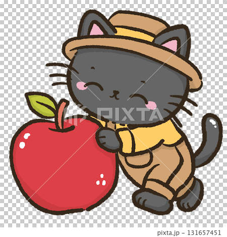 Black cat hugging red apple cute farmhouse autumn harvest cat illustration kawaii fall orchard animal art cozy apple picking theme for cards stickers and decor 131657451