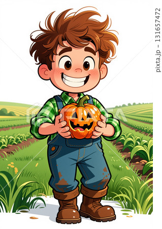 Smiling boy holding pumpkin in a field. 131657472