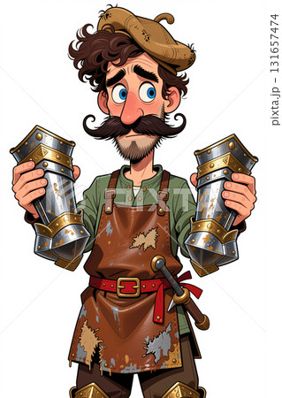 Cartoonish blacksmith with greaves and hammer. 131657474