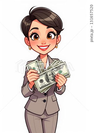 Cartoon woman holding money. 131657520