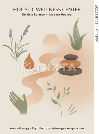 Holistic wellness center poster with natural healing elements for balance and relaxation 131657554