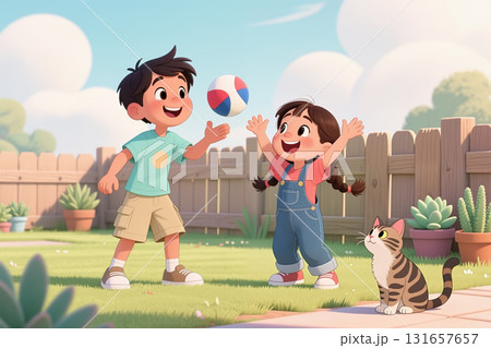 Kids playing with ball, cat watching. 131657657
