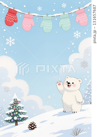 Colorful mittens hang on a line above a waving polar bear. 131657687