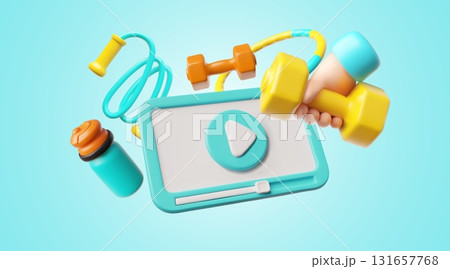 Sport time 3D cartoon plastic style vector design, start application on tablet screen, workout, training online service 131657768