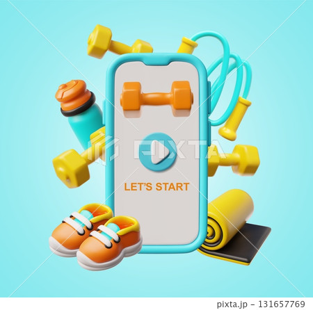Lets start sport time 3D cartoon plastic style vector application design, workout, training exercises online service Lets start sport time 3D cartoon plastic style vector application design, workout, training exercises online service 131657769