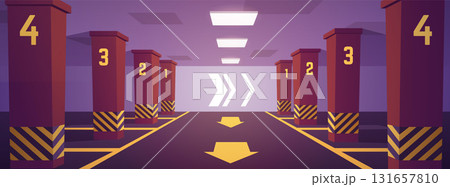 Underground parking with numbered columns, markings, arrows, burning lamps on the ceiling. Underground parking with numbered columns, markings, arrows, burning lamps on the ceiling. 131657810