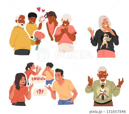 Different adult people emotional states with inner child reaction projection cartoon scene set Different adult people emotional states with inner child reaction projection cartoon scene set 131657846