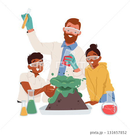 Happy teacher and children wearing protective goggles making laboratory chemical experiment Happy teacher and children wearing protective goggles making laboratory chemical experiment 131657852