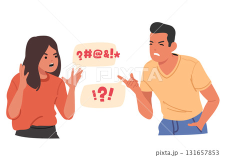 Quarrelling man and woman shouting and yelling showcasing rage and rudeness isolated on white 131657853