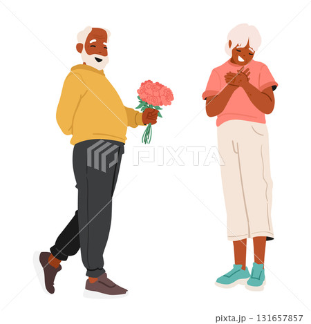 Cute shy senior man and woman couple cartoon characters on dating isolated on white background 131657857