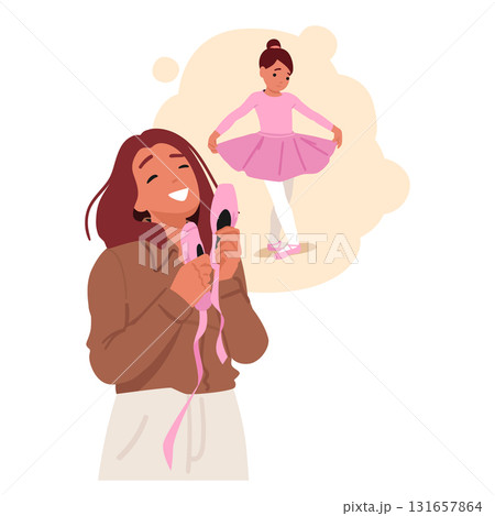 Dreamlike young woman holding pointe shoes for dancing with inner child ballerina cartoon scene Dreamlike young woman holding pointe shoes for dancing with inner child ballerina cartoon scene 131657864