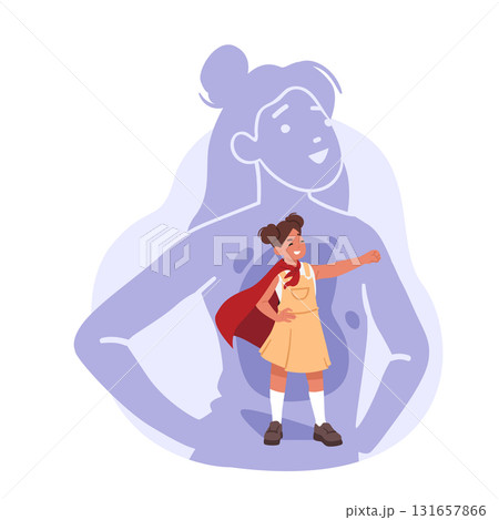 Adult woman silhouette with little girl inner child standing in superhero pose wearing red cape Adult woman silhouette with little girl inner child standing in superhero pose wearing red cape 131657866