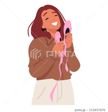 Dreamlike young woman cartoon character gently holding pointe shoes for ballet dancing portrait 131657870