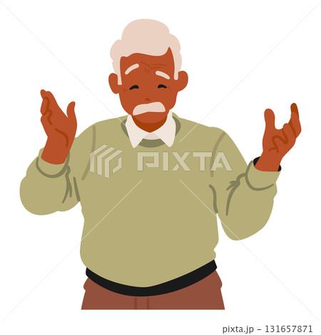 Amazed senior man cartoon character gesturing arms feeling overwhelmed isolated portrait on white Amazed senior man cartoon character gesturing arms feeling overwhelmed isolated portrait on white 131657871