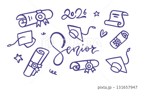 Doodle Graduation elements set with Caps with Tassels, diploma, lettering for 2026 Academic and Celebration Themes. Vector hand drawn sketch collection 131657947