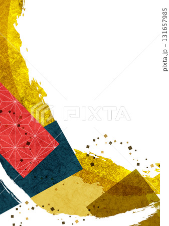 和紙と金箔の抽象的な背景フレーム 和風テクスチャパターンと筆の飾り枠 131657985