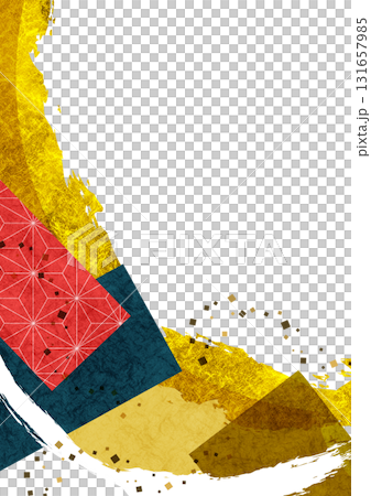 和紙と金箔の抽象的な背景フレーム 和風テクスチャパターンと筆の飾り枠 131657985