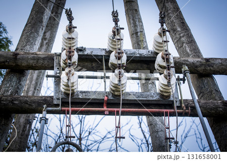Old high-voltage ceramic electrical insulators mounted on wooden poles, part of a power distribution 131658001