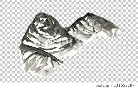 Abstract black and white watercolor ink hand painting mountains ridge angle illustration. Sketchy simple snowy hills landscape isolated on white background, outdoor travel concept Abstract black and white watercolor ink hand painting mountains ridge angle illustration. Sketchy simple snowy hills landscape isolated on white background, outdoor travel concept 131658297
