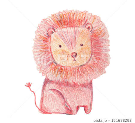 Cute crayon pencils textured hand drawing orange red lion illustration. Lovely childish safari animal for kids print design, textile decoration, greeting cards, stickers 131658298