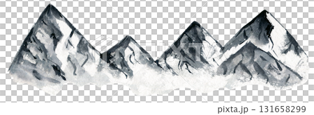 Black and white watercolor ink hand painting mountains peak illustration. Sketchy simple snow hills landscape isolated on white background, outdoor travel concept Black and white watercolor ink hand painting mountains peak illustration. Sketchy simple snow hills landscape isolated on white background, outdoor travel concept 131658299