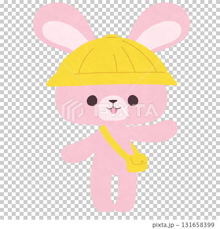 Illustration of a rabbit wearing a yellow hat and bag 131658399