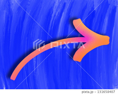 Handrawn arrow with pink yellow and orange marker on blue background. Top view, copy space Handrawn arrow with pink yellow and orange marker on blue background. Top view, copy space 131658407