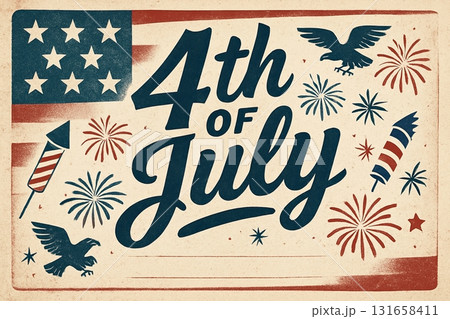 A vintage-style 2D poster. Signboard with the inscription We will be closed for the 4th of July. Congratulations for family, loved ones, friends and colleagues. 131658411