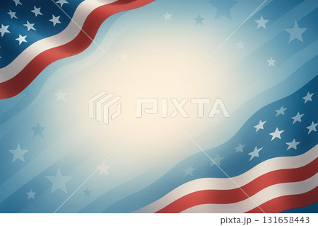 Abstract background with waving American flag elements, stars, and stripes in red, white, and blue tones. a large central area of soft focus for text placement. Minimalistic, modern design suitable 131658443