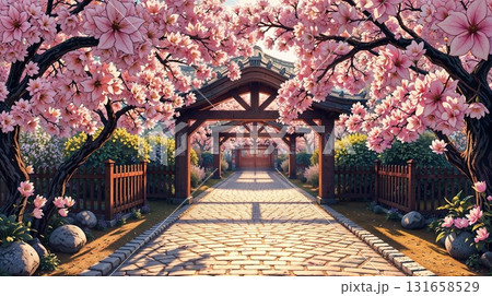 Sakura park view with alley of cherry blossom trees, lining a cobblestone path leading to wooden gates. Anime location background 131658529