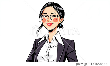 cartoonish woman with business attire, wearing eyeglasses and positive smile on white background 131658557