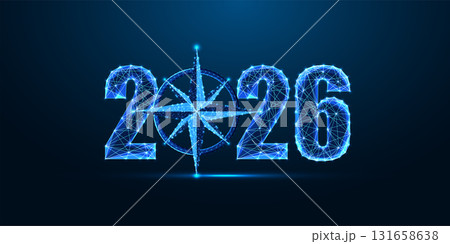 Glowing 2026 with compass rose symbol, navigating the future and finding direction digitally, vector 131658638