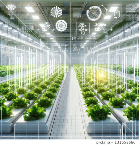 【未来の農業をイメージ】メタリックな植物工場とデータ可視化CG 131658666